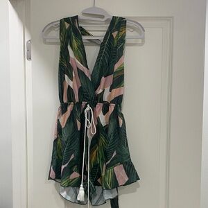 SHEIN Green & Pink Tropical Leaf Sleeveless Romper